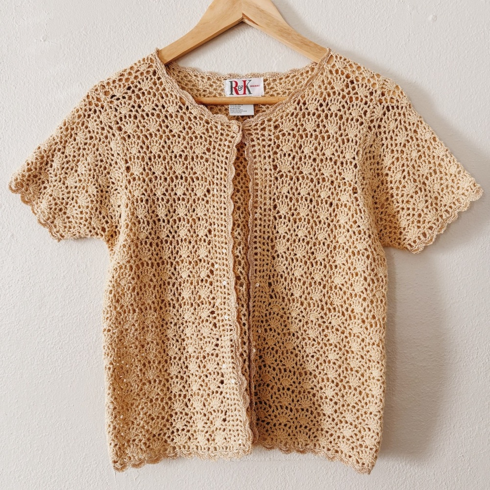 90s VINTAGE SPARKLY GOLD CROCHET CARDIGAN